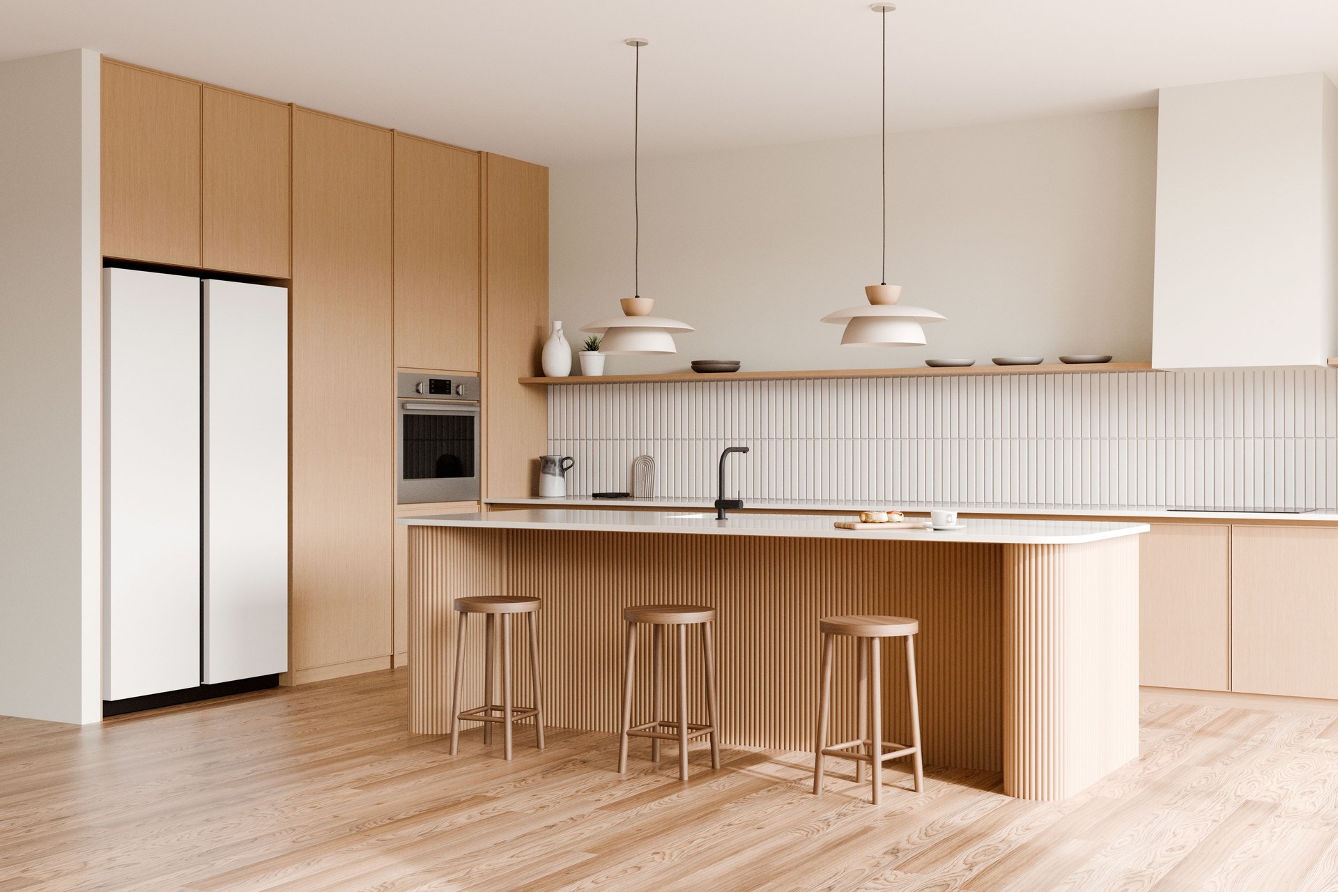 Modern minimalist kitchen with island and bar stools. 3d render.