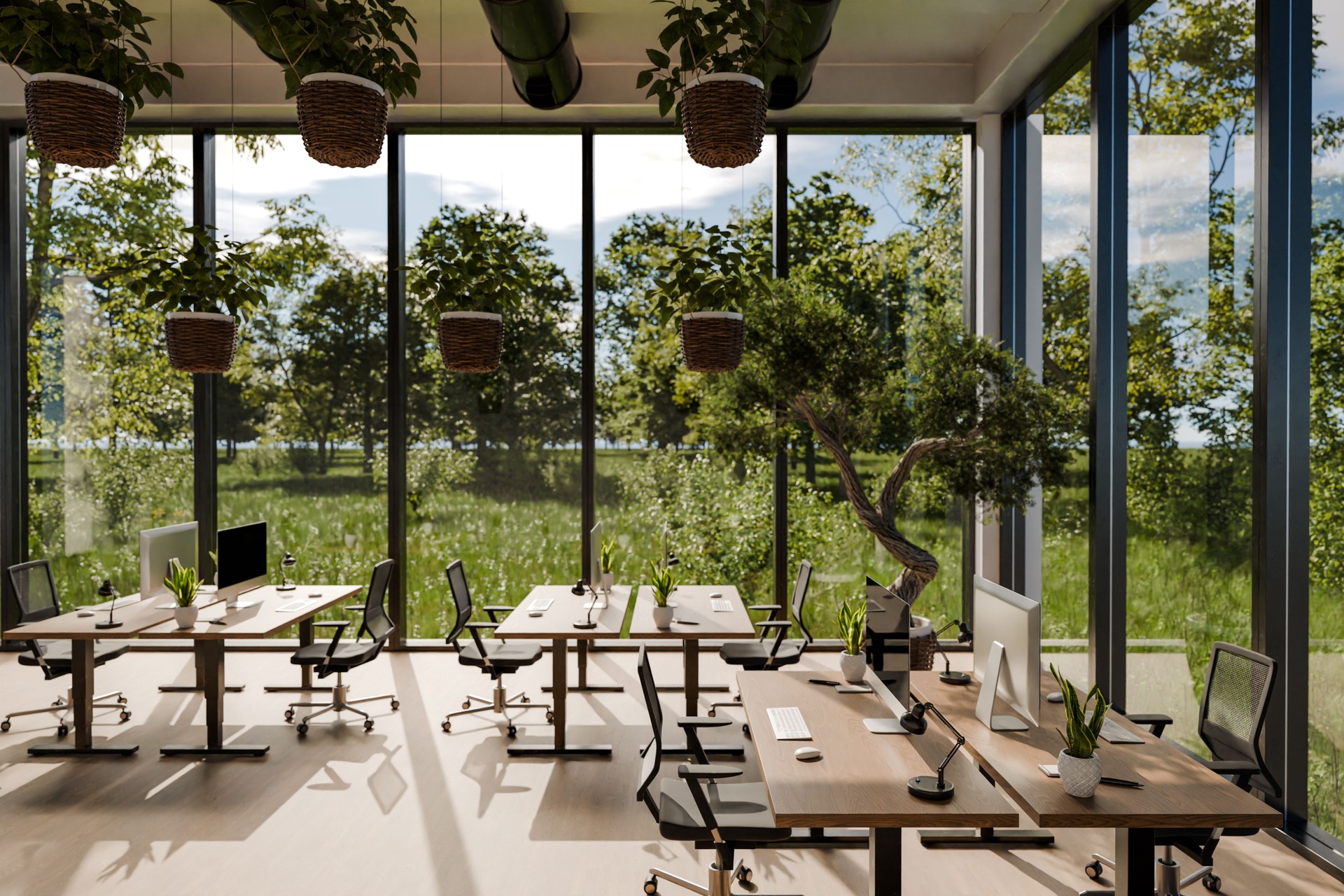 large modern contemporary office with pc workspaces and indoor plants vertical garden; panoramic view rural landscape; sustainability work environment; 3D rendering